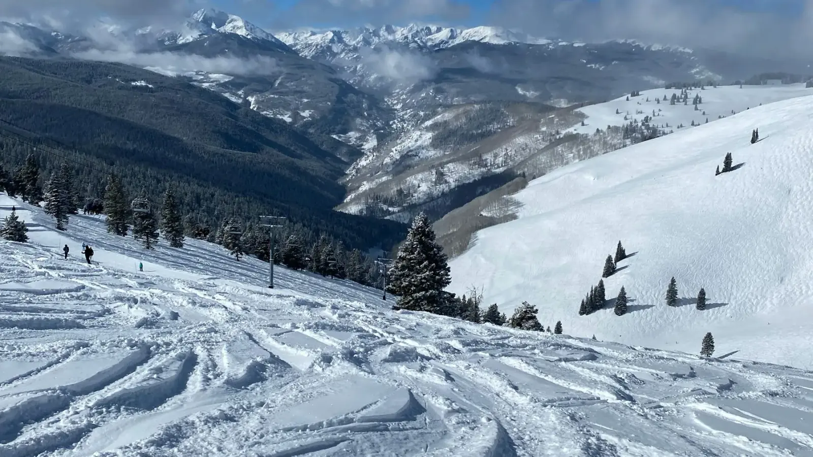 Skiers on wide groomed slopes with Colorado's snowy peaks in the background