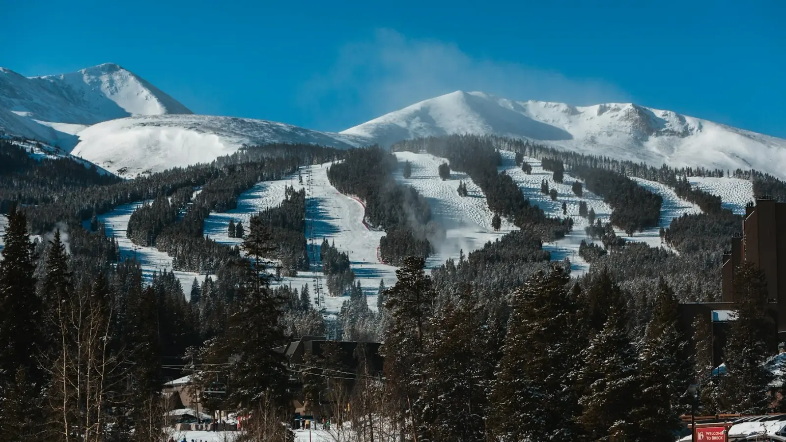 Ski runs cutting through the forest below Summit County's snowy peaks